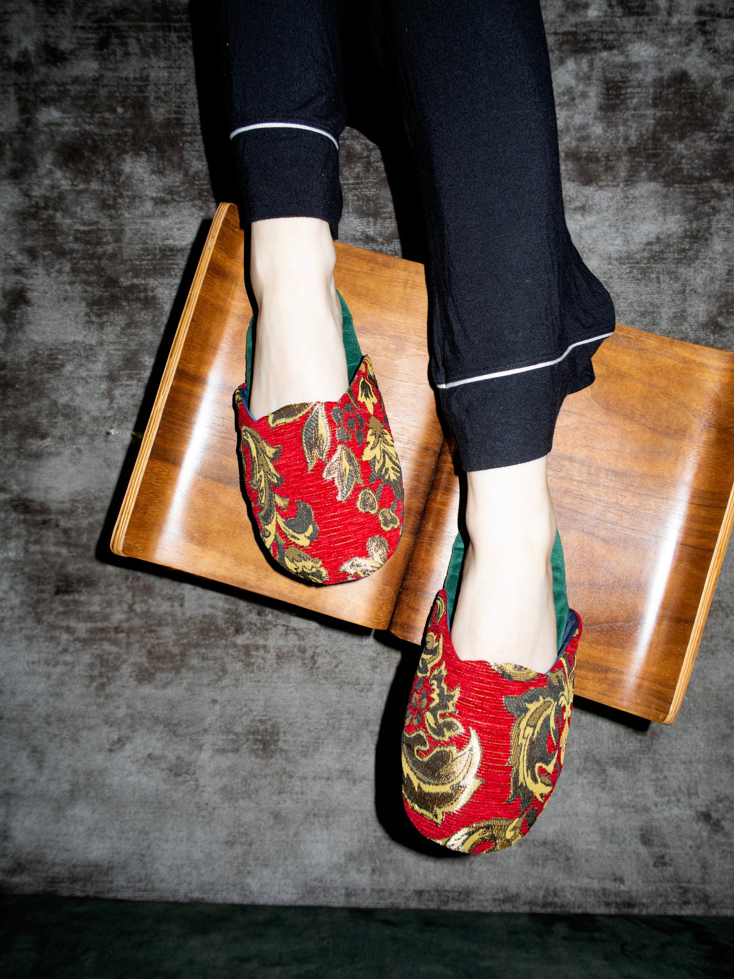 handcrafted, luxury slippers, red brocade, gold accents, elegance,indoor footwear,l oungewear