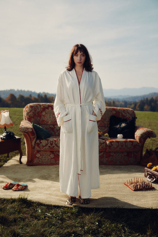 Women’s Cover-up Robe in White/ Embroidered Loungewear / PRE-ORDER