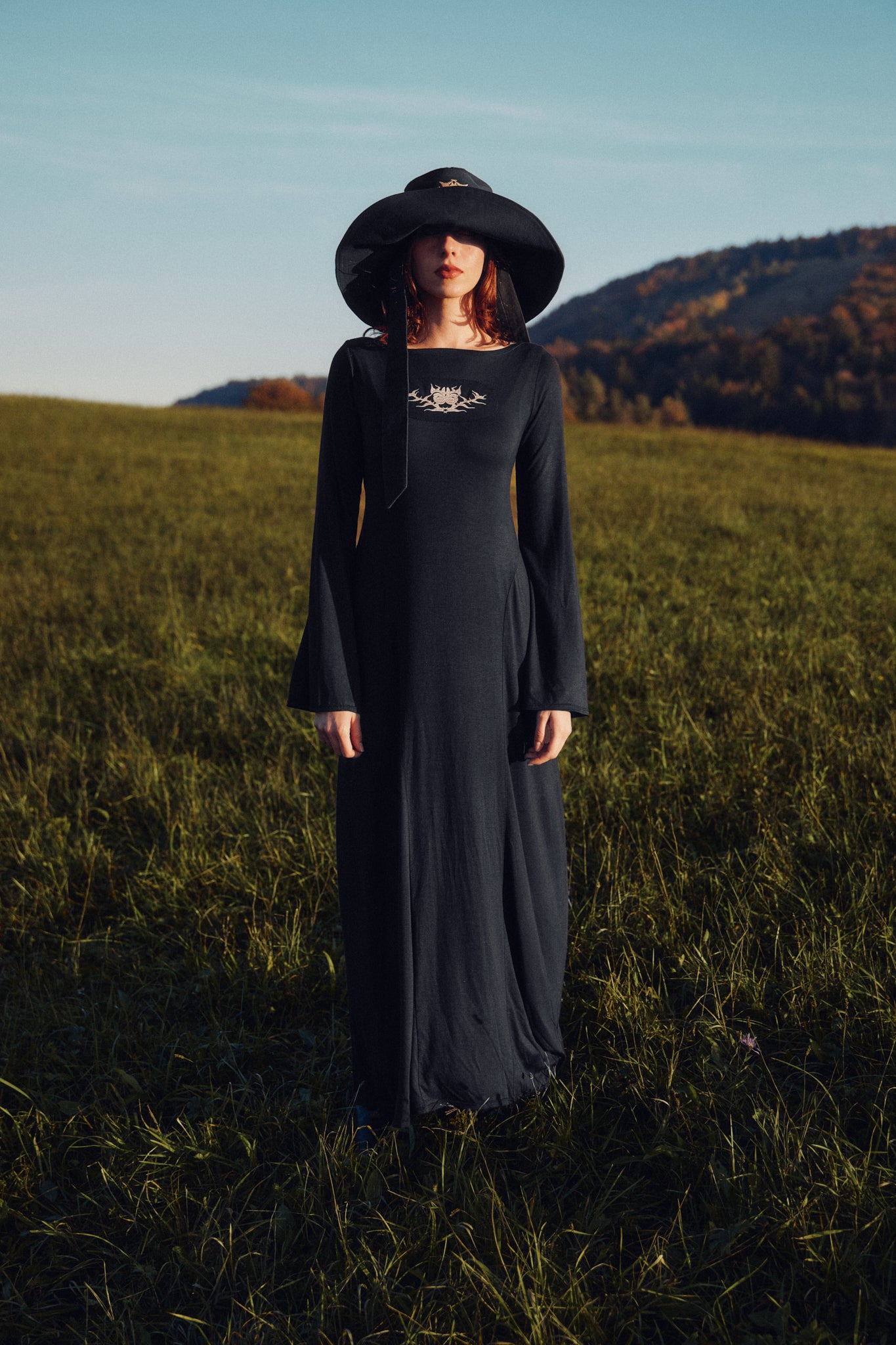Embroidered Black Maxi Dress, Adjustable Waist Ties / PRE-ORDER